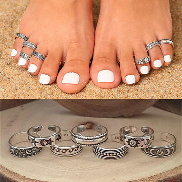 7Pcs Vintage Hollow Carved Star Moon Toe Rings Kits Bohemian Adjustable Open Finger Ring for Women Boho Beach Foot Ring Jewelry daiiibabyyy